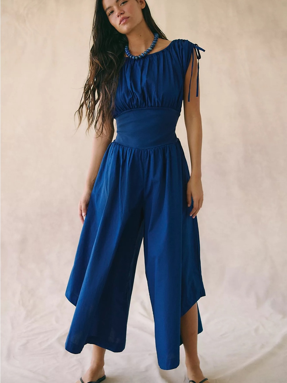 Free People Deep Blue Gathered-Waist Wide-Leg Jumpsuit
